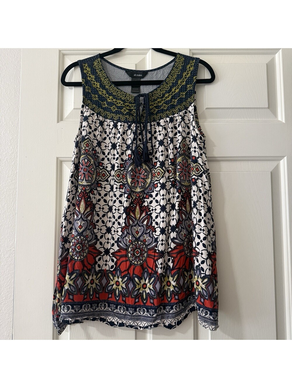 Ali Miles Boho Sleeveless Tassel Tie Neck Tunic Top L Large Medallion Geometric